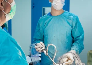 Two surgeons performing bariatric surgery